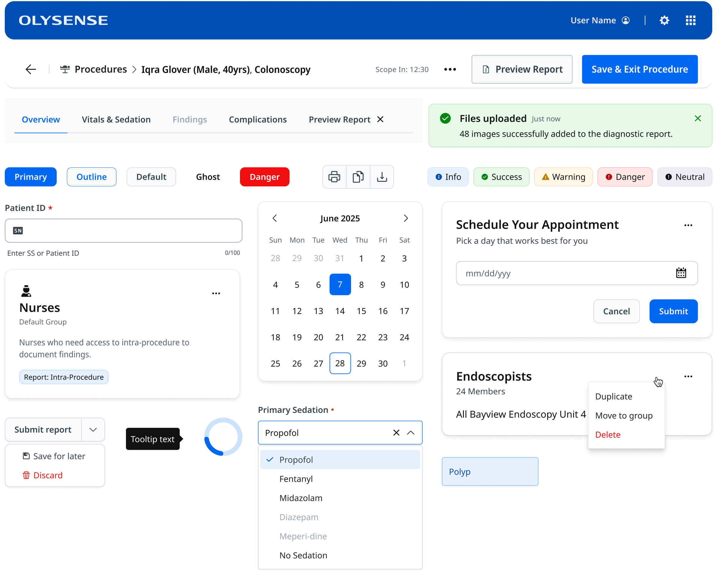 OlySense component library — cards, calendar, buttons, tags, menus, and form fields