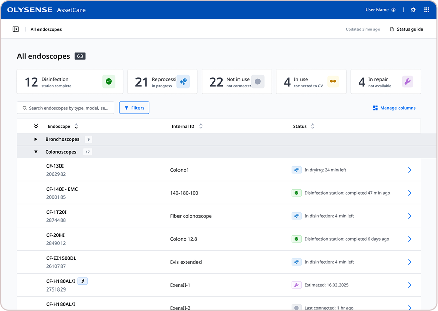 OlySense AssetCare dashboard showing endoscope fleet status and reprocessing
