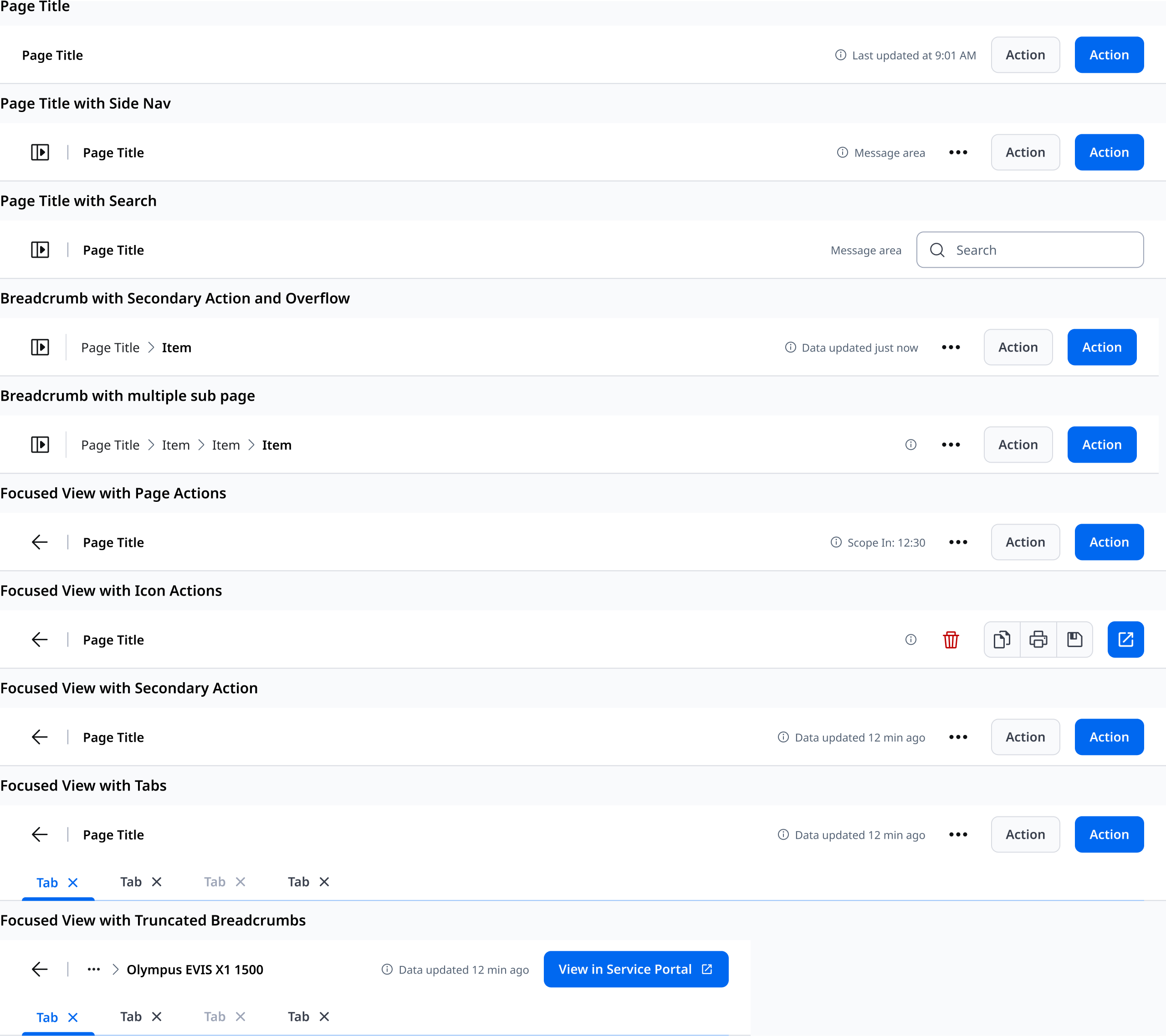 OlySense page header pattern variations, including breadcrumbs and tabs