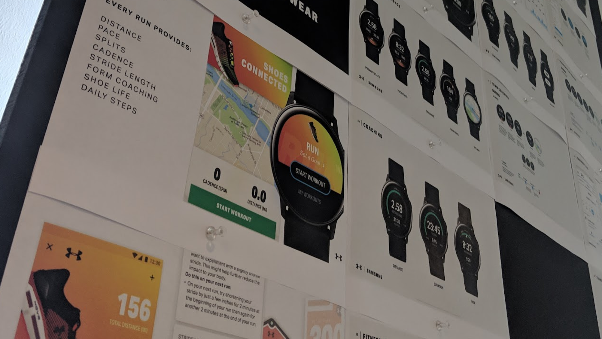 Wall of printed watch-screen concepts, including the shoe-connection flow